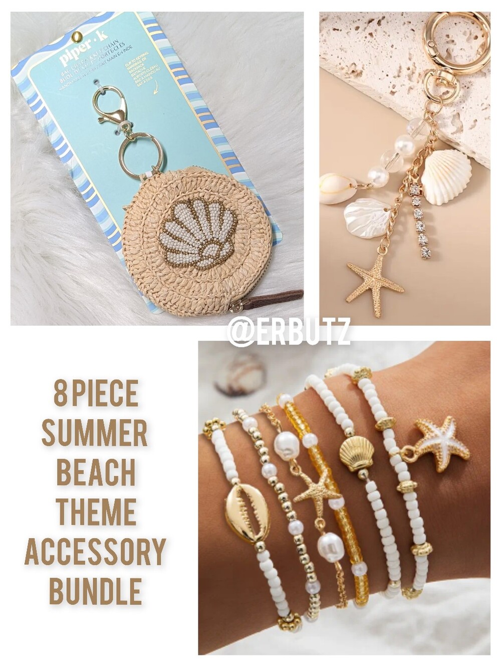 8pc Beachy Accessory Set - Seashell Coin Purse Bag Charm, Keychain, Bracelets 🐚